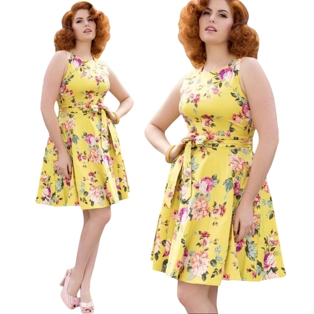 Yellow Floral Sleeveless Fit Flare Midi Dress Belted Summer Garden‎ Party Medium - Picture 3 of 7